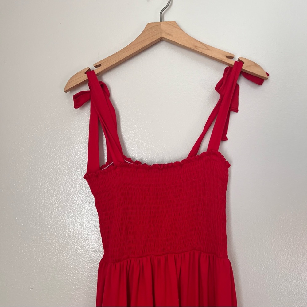 Red Solid Self-Tie Smocked Maternity Midi Dress - image 7